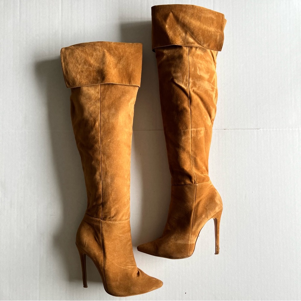 {SOLD} Elegant Faux Suede Tan Cognac Over-the-Knee Boots Stiletto Heel